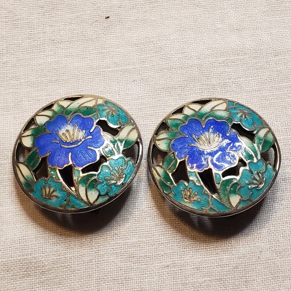 Vintage Silvertone Cloisonne Enamel Clip-on Earrings